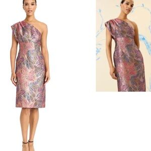 Maggy London One-Shoulder Pink and Purple Midi Brocade/Jaquard Dress